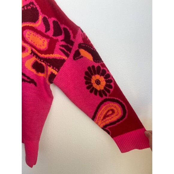 FARM RIO Cutout Asymmetrical Knit Bold Pink Floral Turtleneck Wool Blend Sweater - Picture 3 of 14